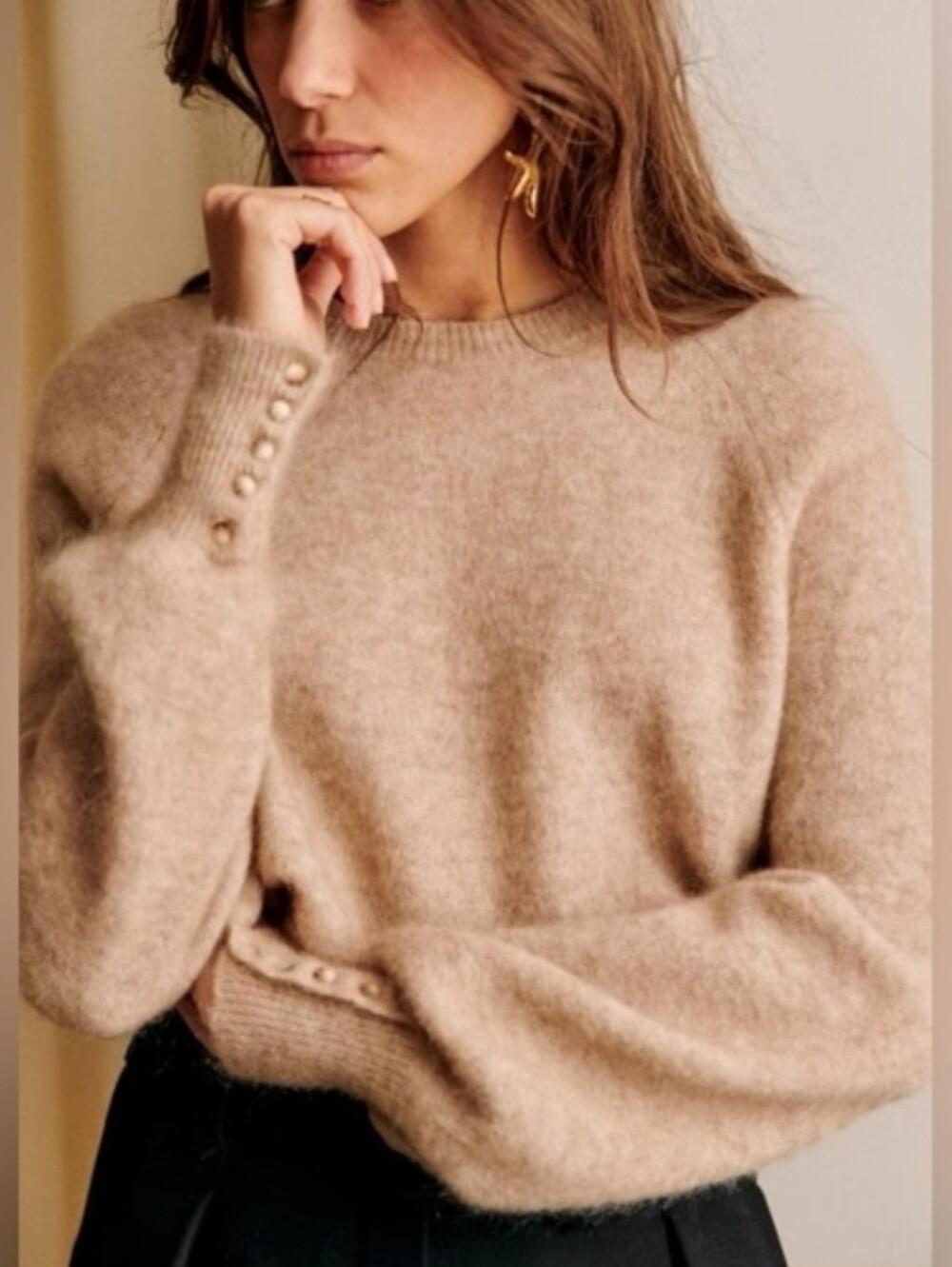 SÉZANE Louise Beige Mohair Jumper Button Sleeve Crew Sweater NWOT - Picture 3 of 16